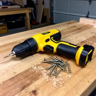 Drill on a workbench surrounded by screws and sawdust